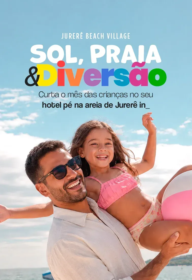 Casal sorrindo na praia, com mulher no colo; texto colorido diz “Sol, praia & diversão” e promo de hotel.