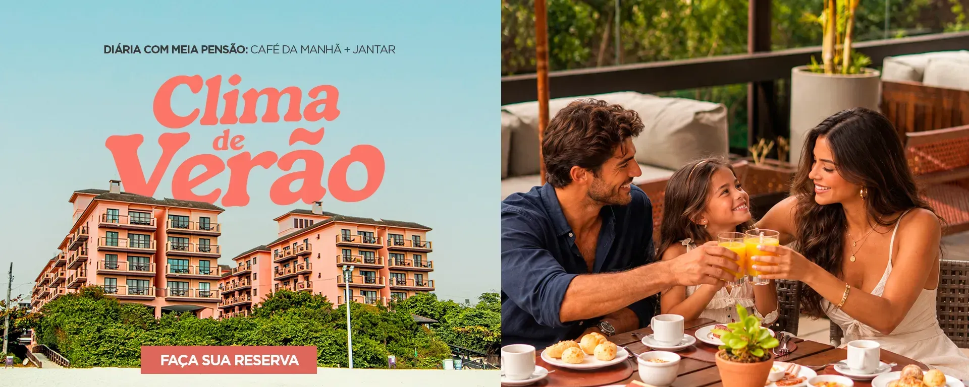Cartaz de “Clima de Verão” ao lado de amigos jantando numa varanda ensolarada, com prédios da cidade ao fundo