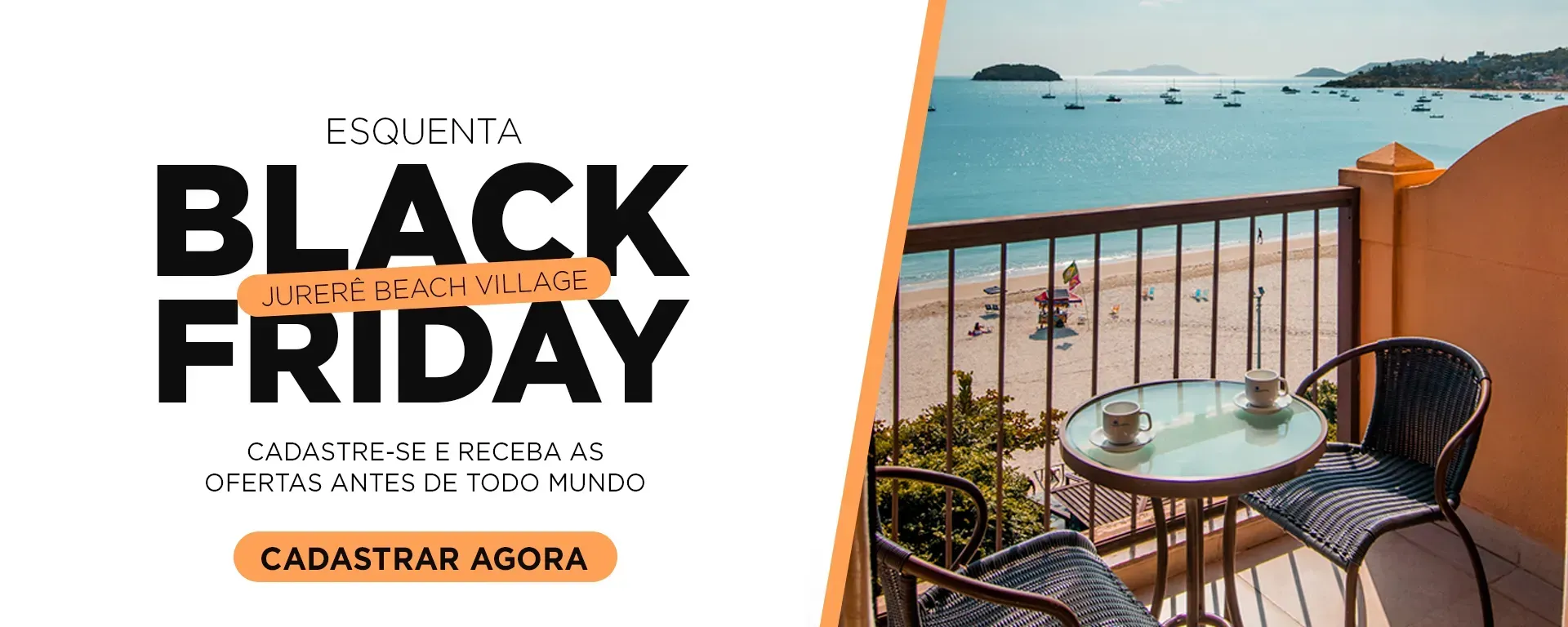 Anúncio de viagem de Black Friday com assentos na varanda à beira-mar e botão laranja “Cadastre agora”