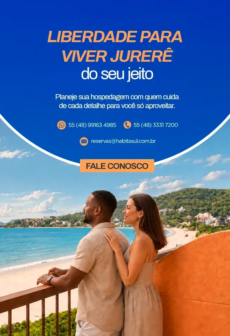 Piscina de resort entre prédios altos sob céu azul, com texto em português e um botão “Clique Aqui”.