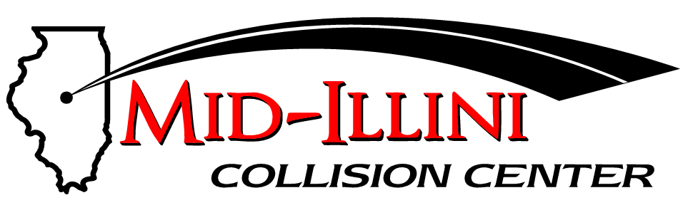 The logo for mid-illini collision center is black and red.
