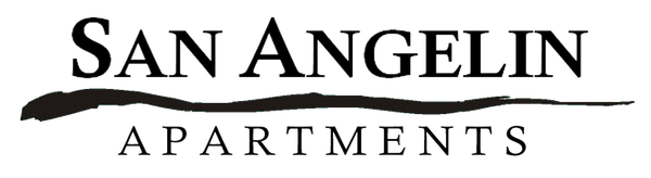The logo for San Angelin Apartments features the text in black with a stylized horizontal brushstroke underline.