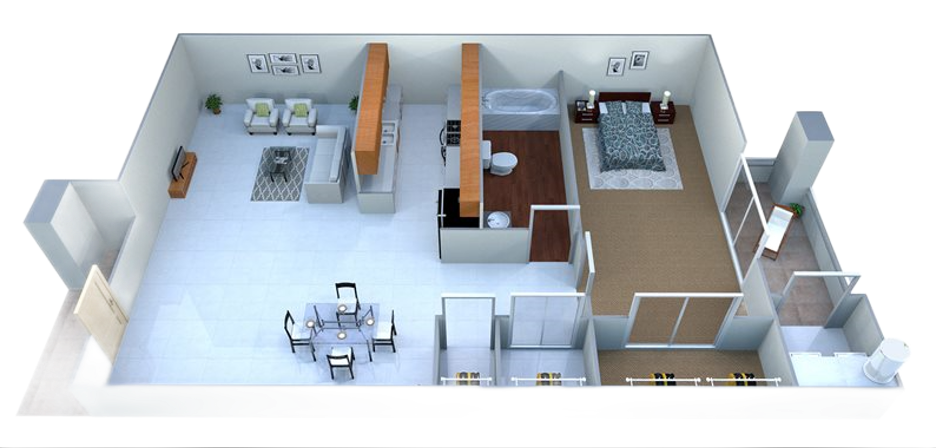 A 3D floor plan showing a furnished one-bedroom apartment with a living room, dining area, kitchen, bathroom, and balcony.