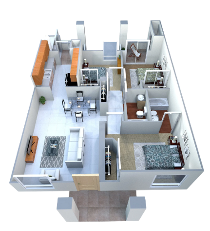 A 3D floor plan showing a furnished two-bedroom, two-bathroom apartment with an open living area, dining space, and kitchen.