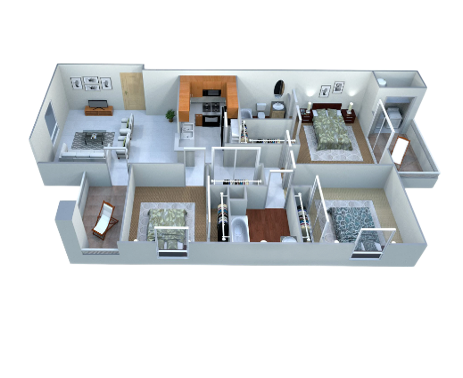 3D floor plan of a three-bedroom apartment featuring an open living area, kitchen, two bathrooms, and a balcony.