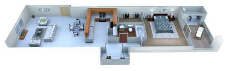3D floor plan of a one-bedroom apartment with an open-concept living room, kitchen, dining area, bathroom, and balcony.