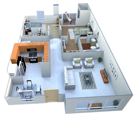 A 3D floor plan showing a furnished apartment with a living area, dining space, kitchen, two bedrooms, and two bathrooms.