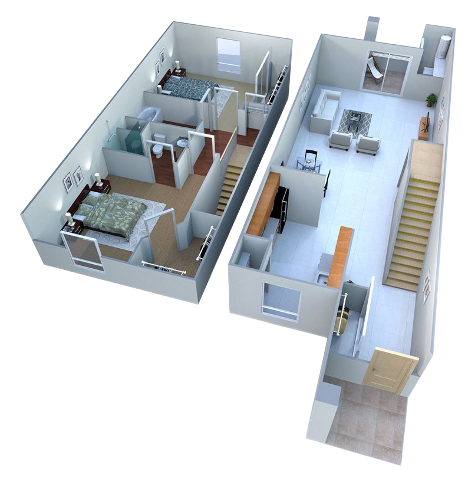 3D floor plan showing two levels of an apartment with stairs, bedrooms, bathrooms, a kitchen, and a living area.