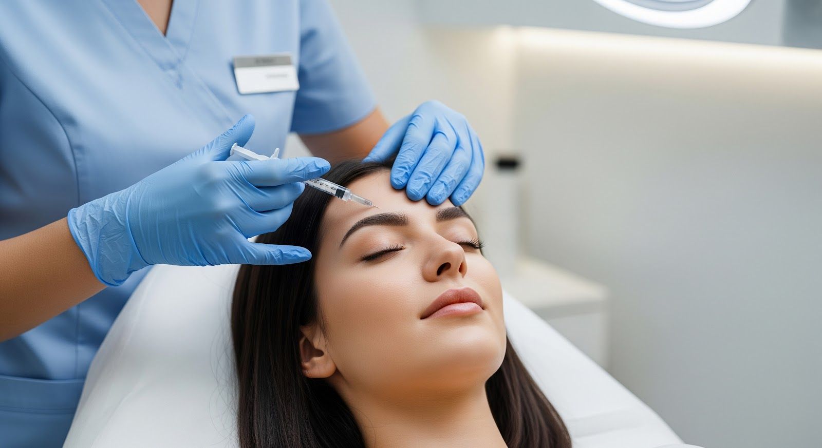 Medical professional injecting a woman’s forehead in a clinical setting