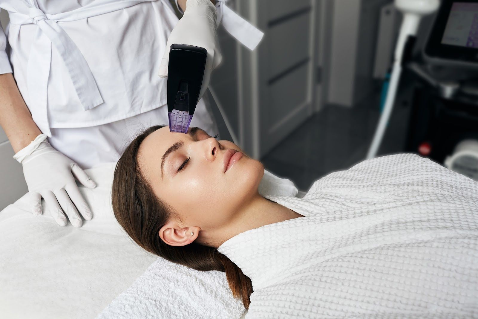 Aesthetic facial treatment with a device applied to a woman lying on a treatment bed