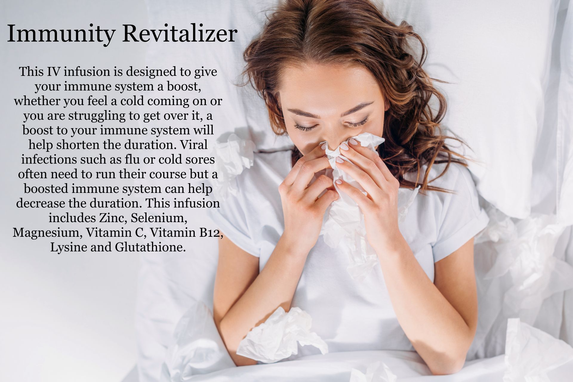 A woman is blowing her nose in a napkin while laying in bed.