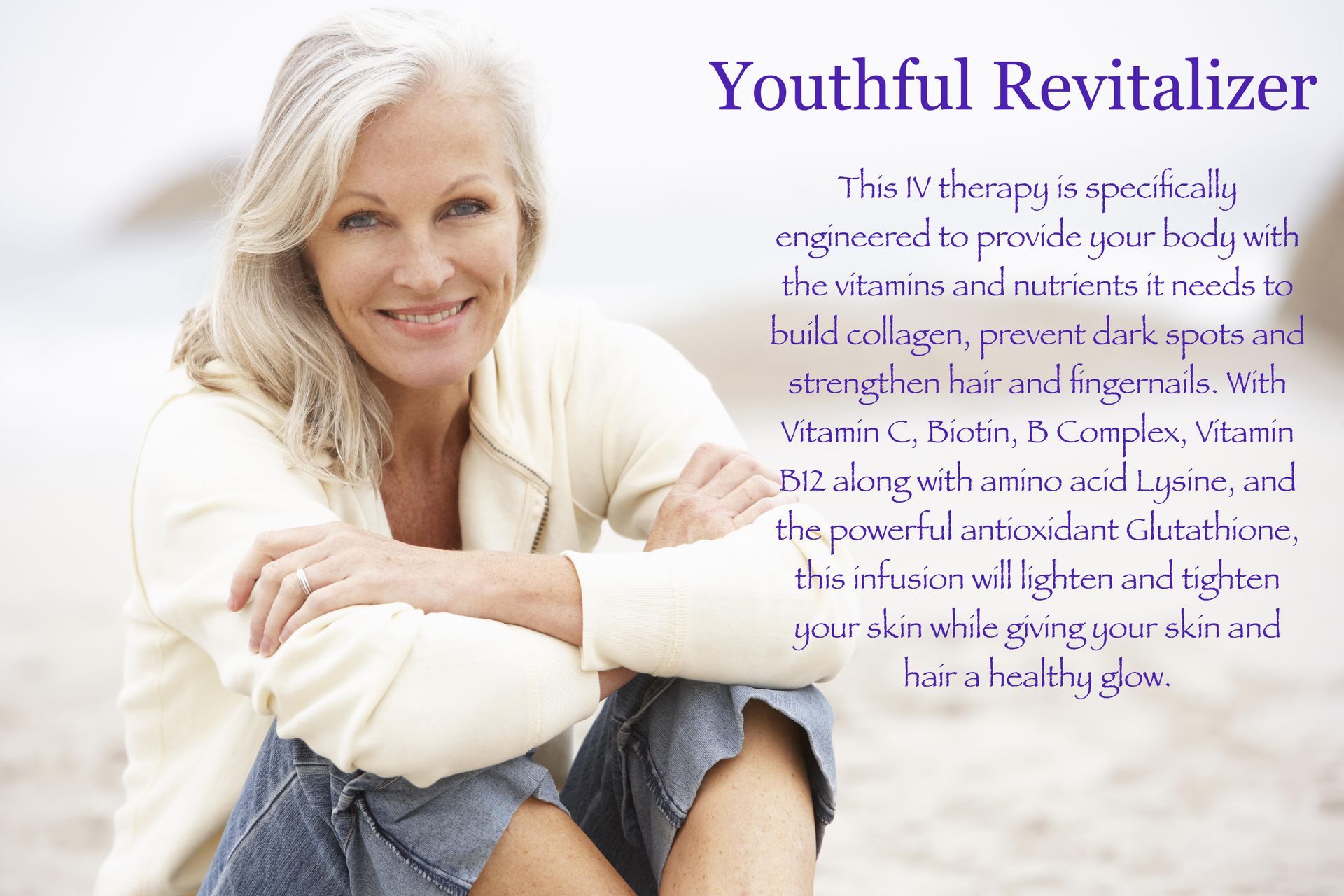 A woman is sitting on the beach with a youthful revitalizer advertisement behind her
