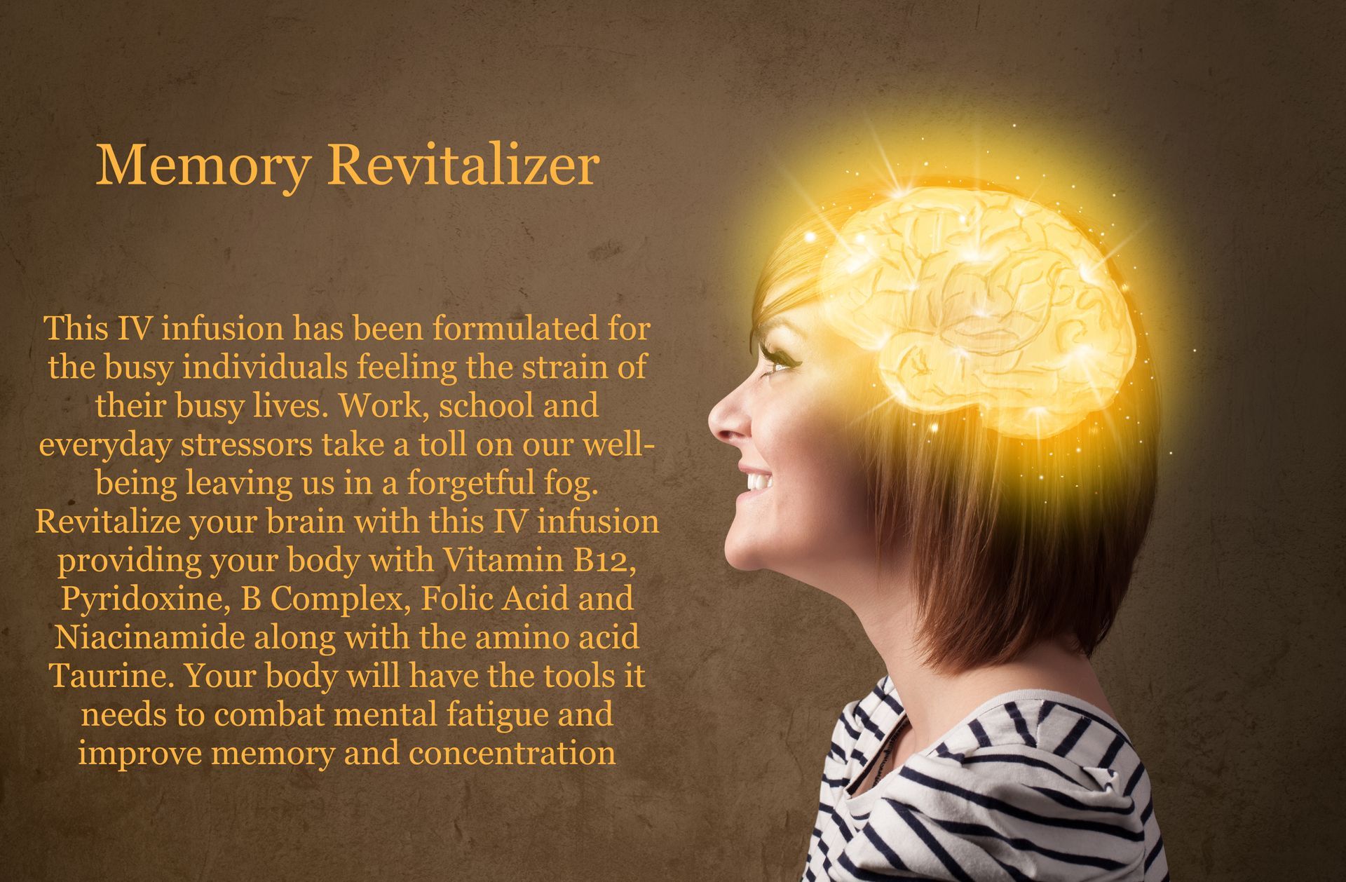 A woman is smiling with a brain glowing in the background.