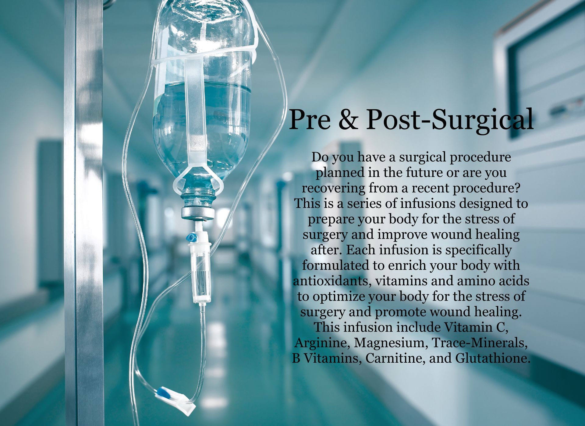 A blurred image of a hospital hallway with the words pre and post-surgical on the bottom
