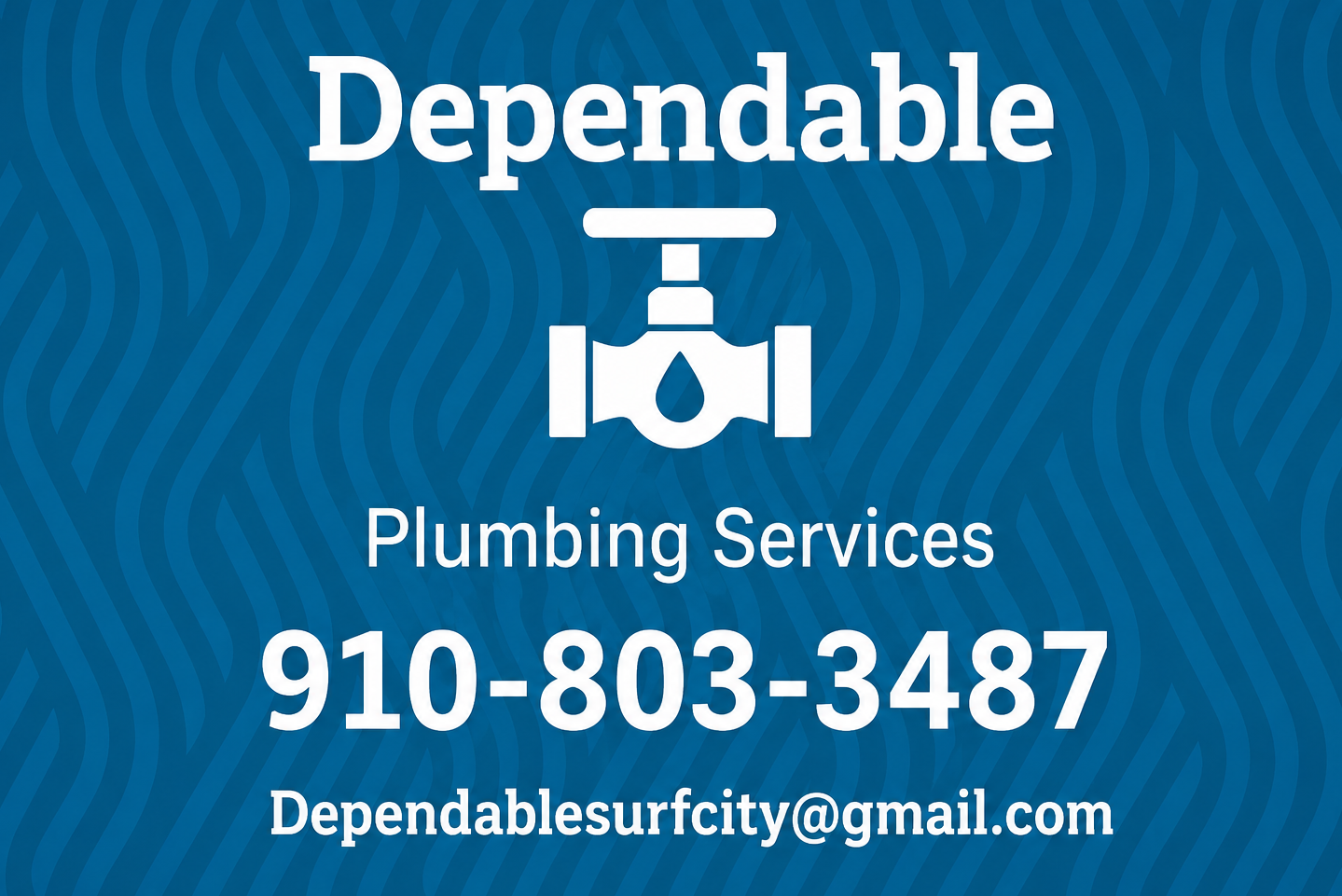 Dependable Plumbing Services ad with logo, phone number 910-803-3487, and email on blue background