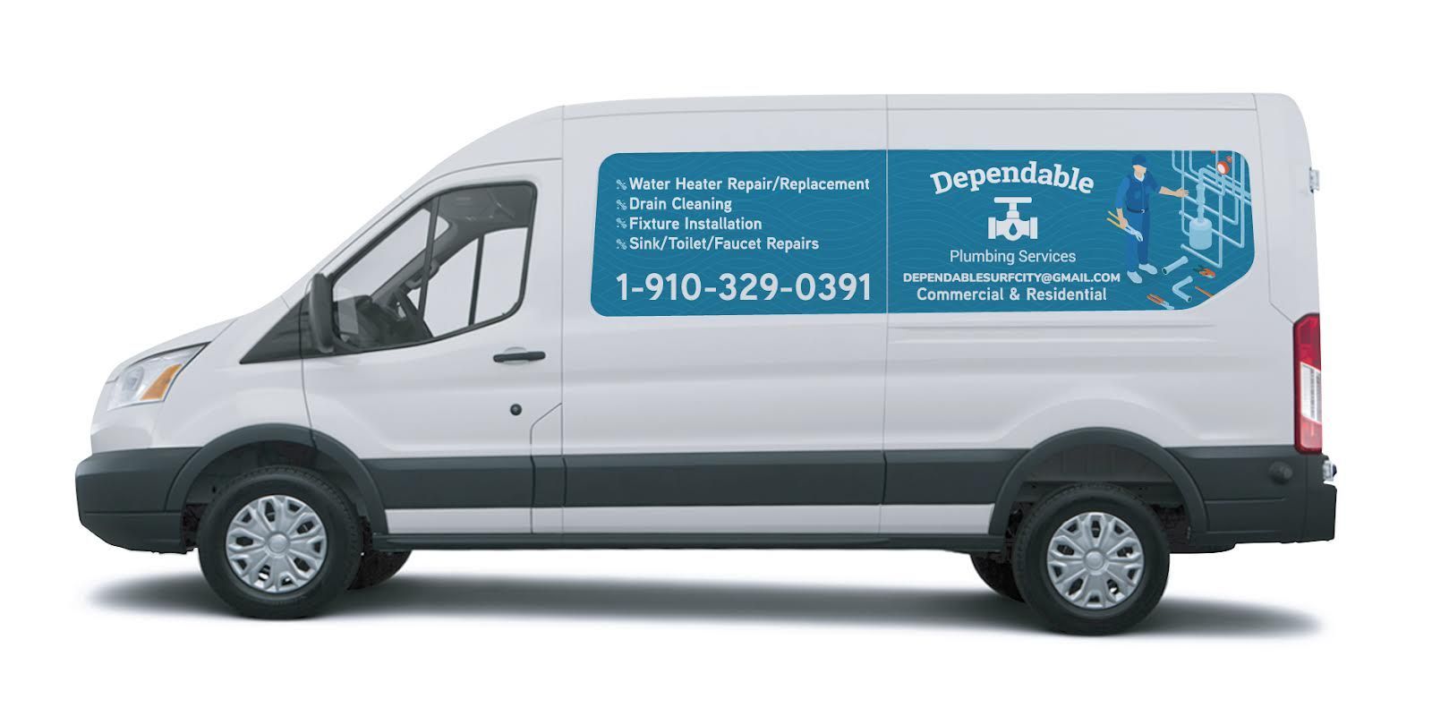 White cargo van with blue company logo and phone number on the side, shown in profile.