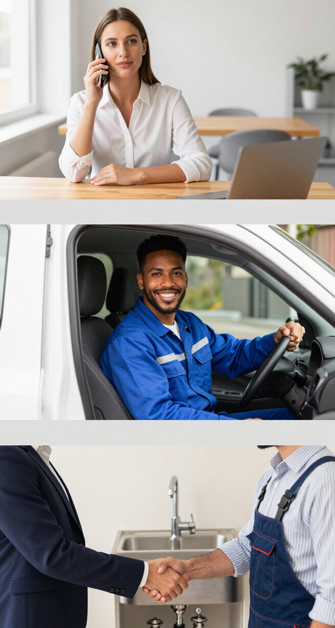 Customer service, delivery driver, and handshake scenes stacked vertically in a three-panel collage