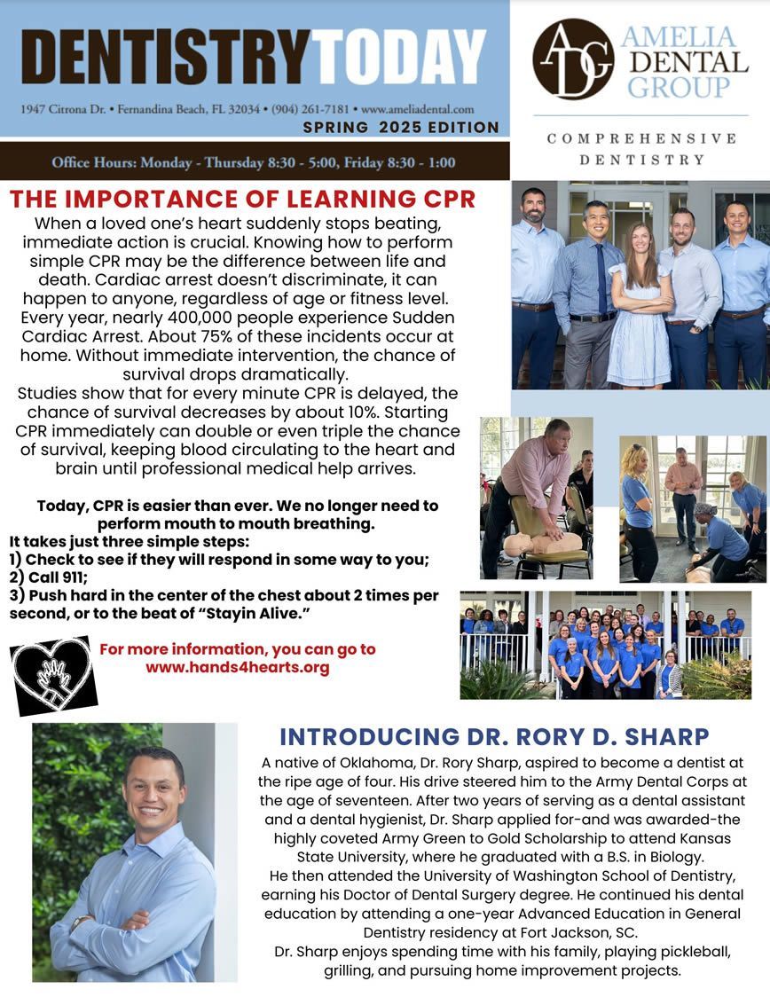 Dentistry Today magazine page about CPR learning, with photos and an intro to Dr. Rory D. Sharp
