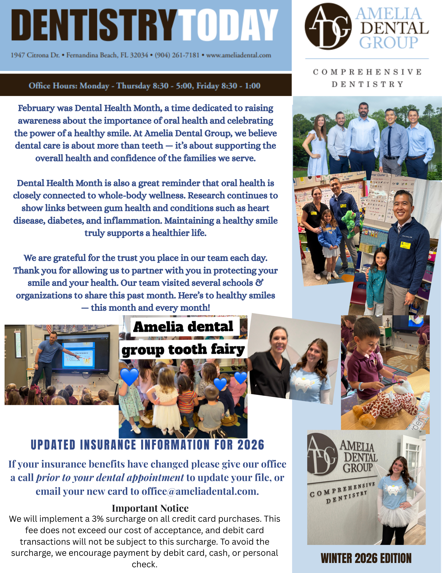 Dentistry Today newsletter page with “Happy Thanksgiving” message and Amilla Dental Group sidebar.