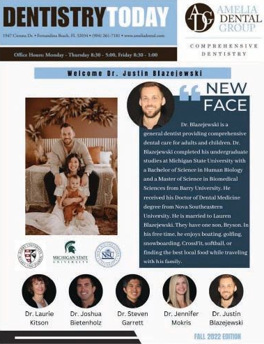 Dentistry Today magazine cover featuring Dr. Justin Bazydlo and dental team in blue and white layout