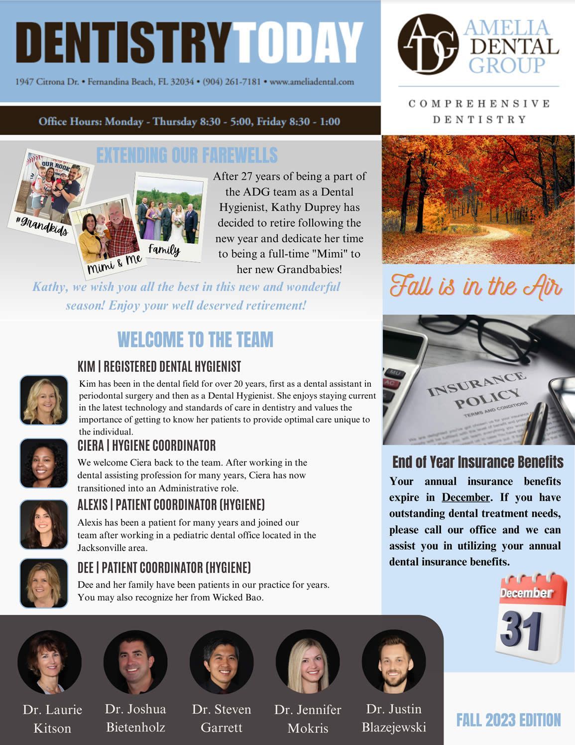 Dentistry Today magazine cover with dental team photos and autumn-themed graphics on a blue background