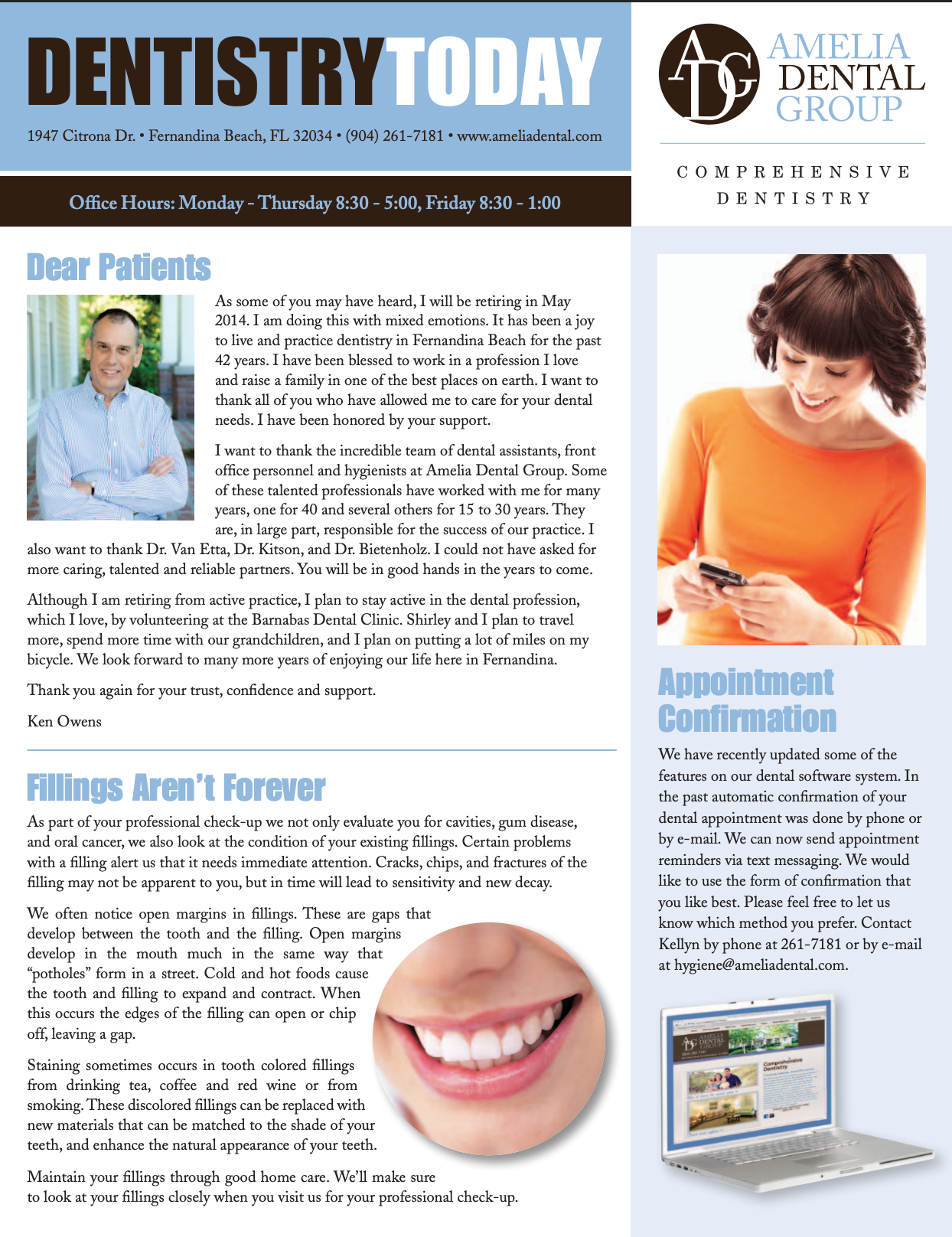 Dentistry Today magazine page with article headlines, dentist portrait, smiling woman, and laptop ad