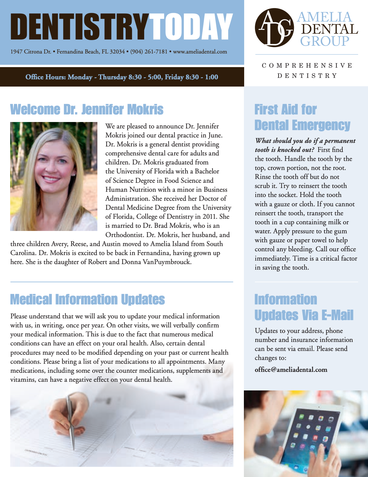 Dentistry Today newsletter page with dentist photo, article text, and blue side panel with phone and tablet images