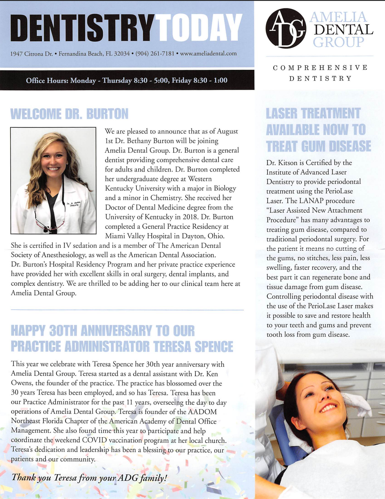 Dentistry Today magazine cover featuring a smiling patient in a dental chair and an article on laser treatment