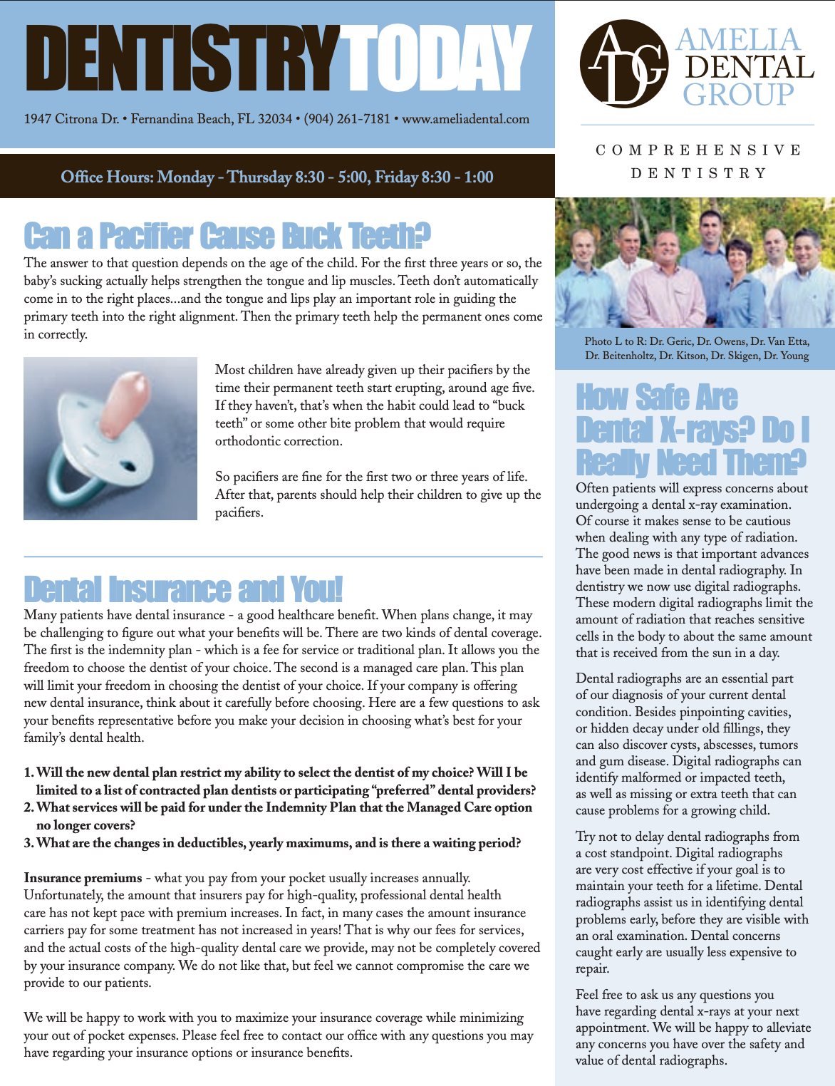 Dentistry Today magazine page with article columns and a dental implant illustration