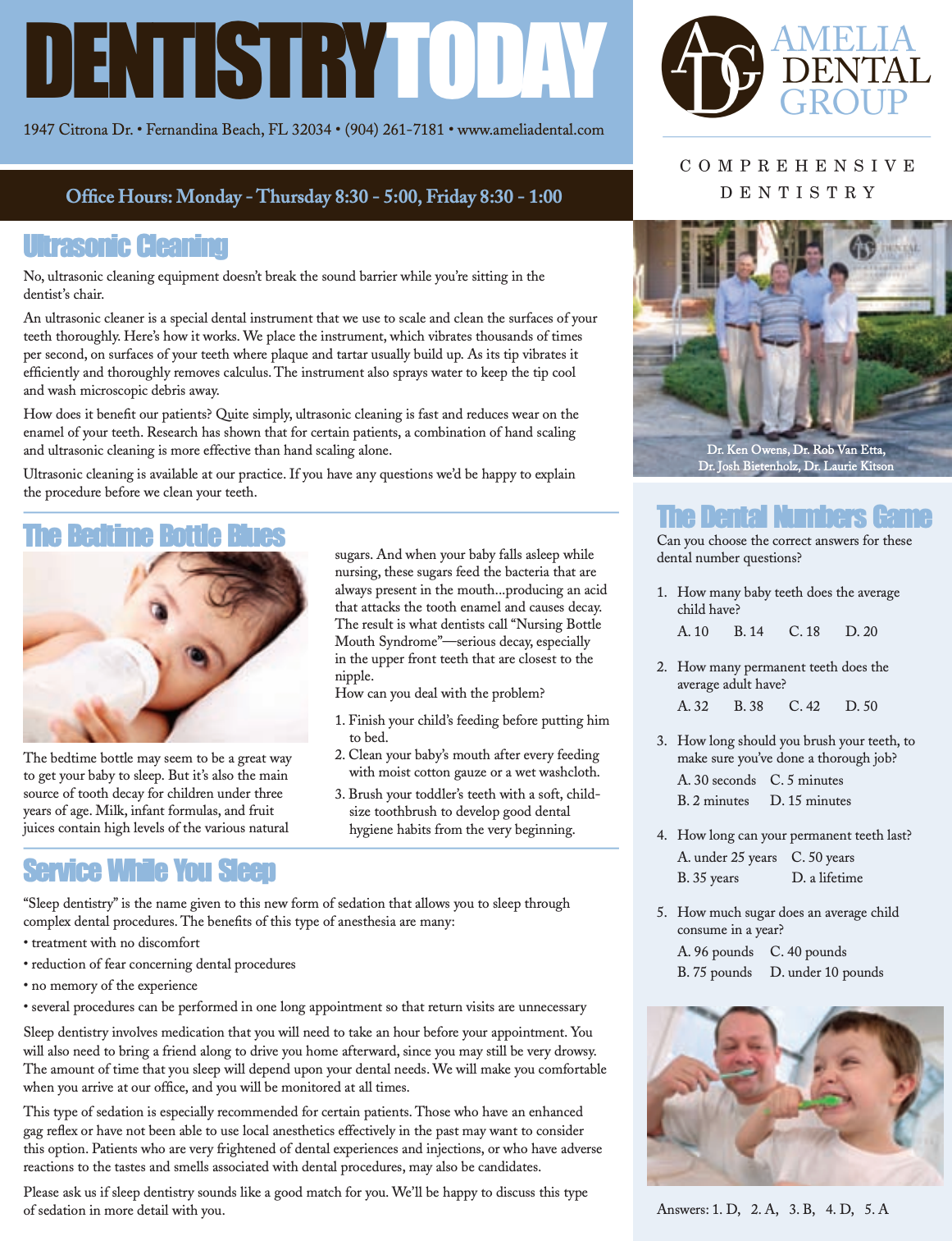 Dentistry Today magazine cover with dental articles, a child photo, and a family smiling outside a clinic