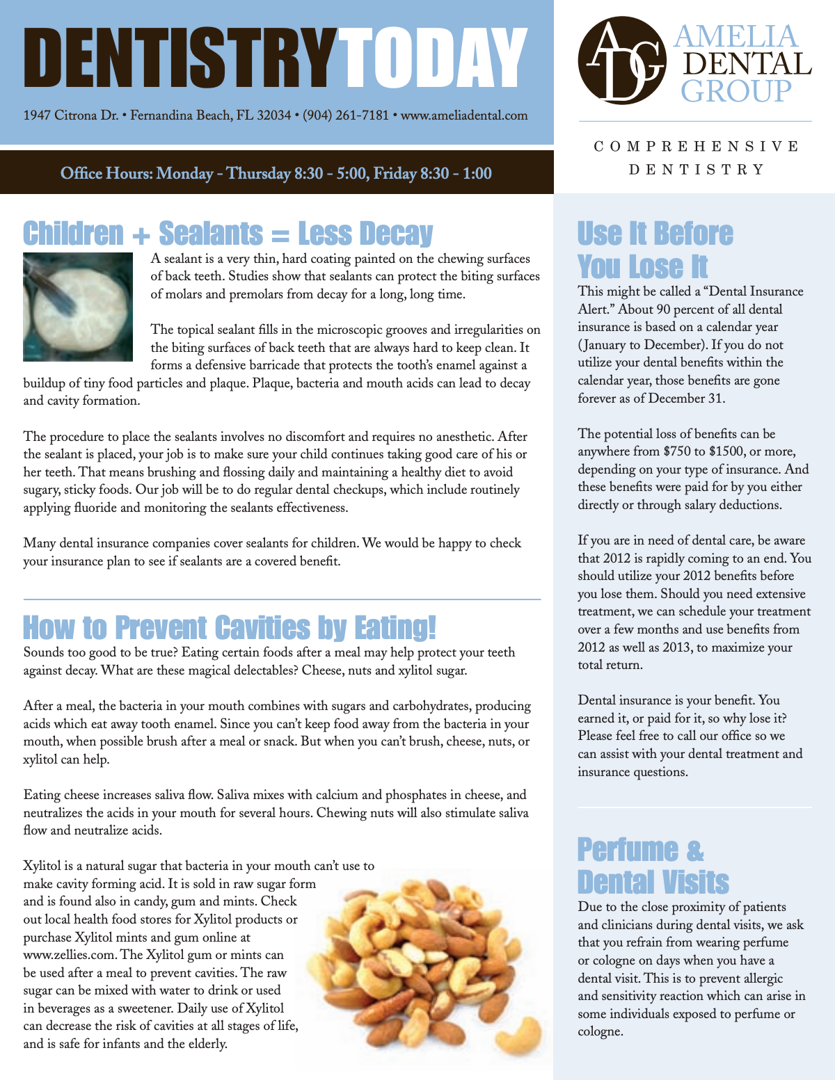 Dentistry Today magazine page with article headlines and a sidebar, plus a small photo of teeth and a bowl of peanuts