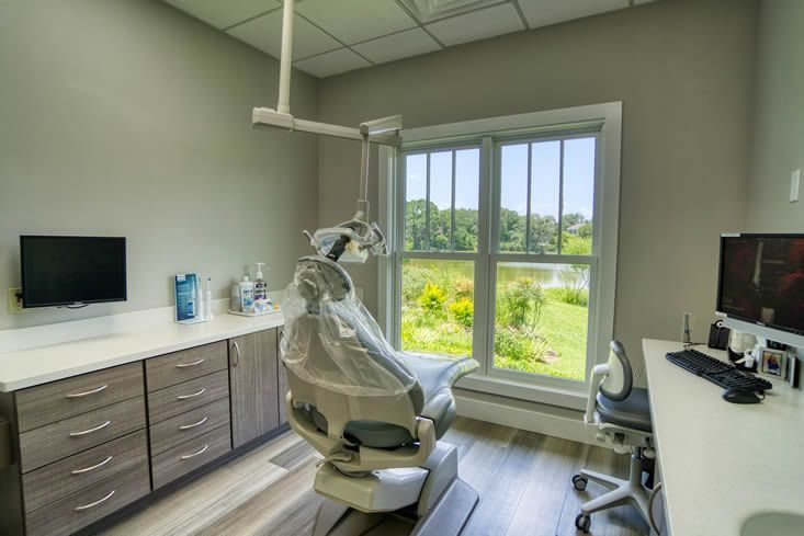 Dental exam room with chair, cabinets, monitor, and large window overlooking greenery