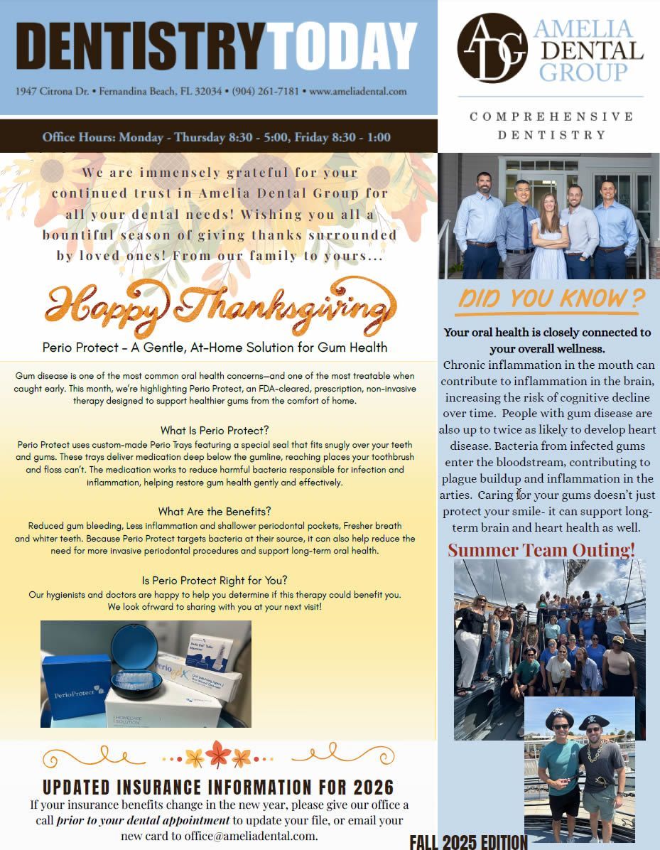 Dentistry Today newsletter page with “Happy Thanksgiving” message and Amilla Dental Group sidebar.