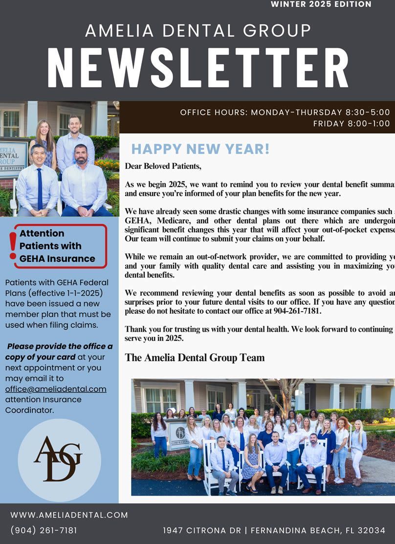 Amelia Dental Group newsletter with a blue-and-white layout, staff photo, and New Year message.