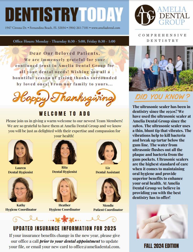 Dentistry Today Thanksgiving newsletter with staff portraits and office updates on beige and blue layout