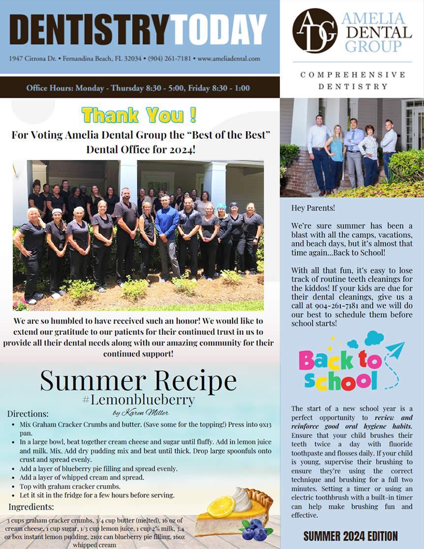 Dentistry Today newsletter with staff group photo, summer recipe, and back-to-school notice