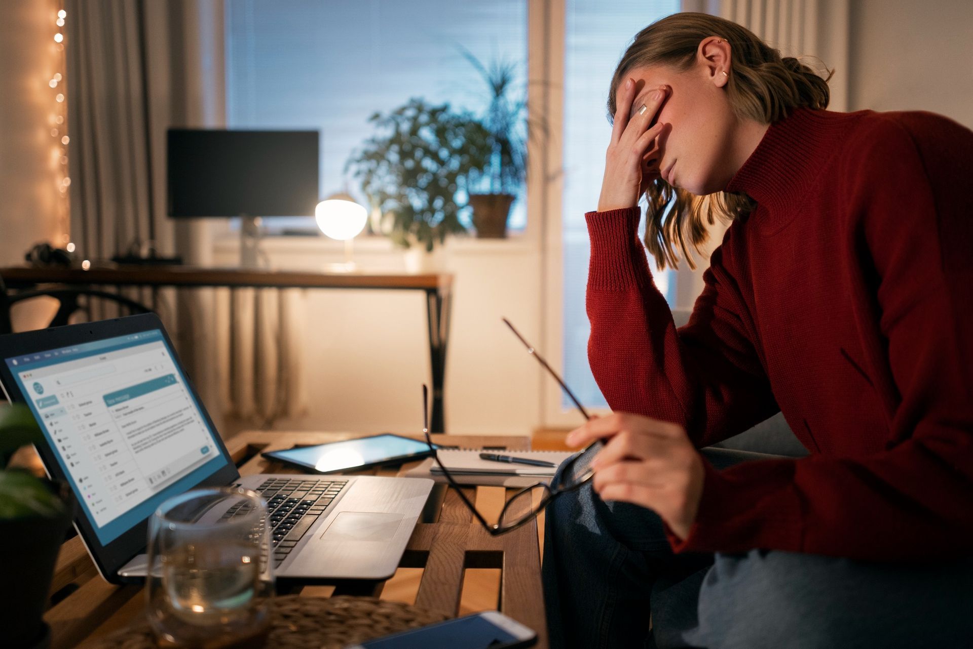 A woman is sitting on a couch in front of a laptop computer.