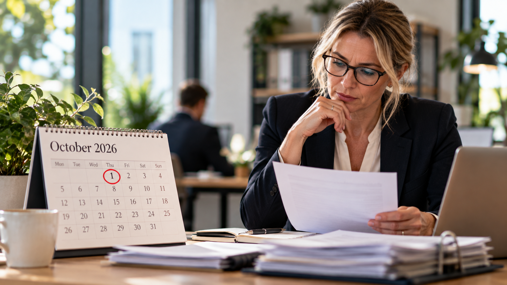 Office desk with calendar, woman reviewing papers beside a laptop and stacked documents