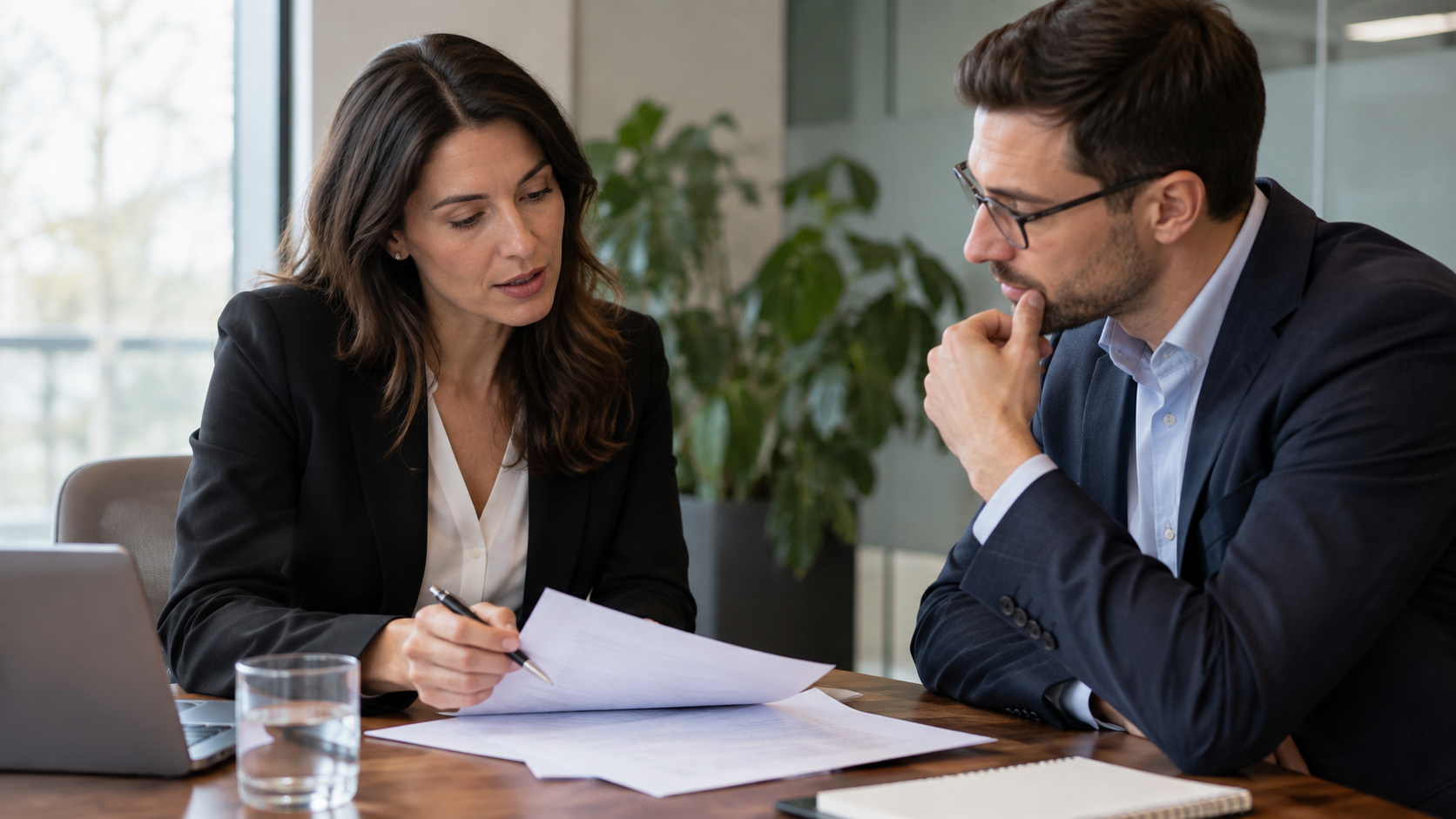 Two coworkers discussing documents at a table in an office, one taking notes while the other listens.