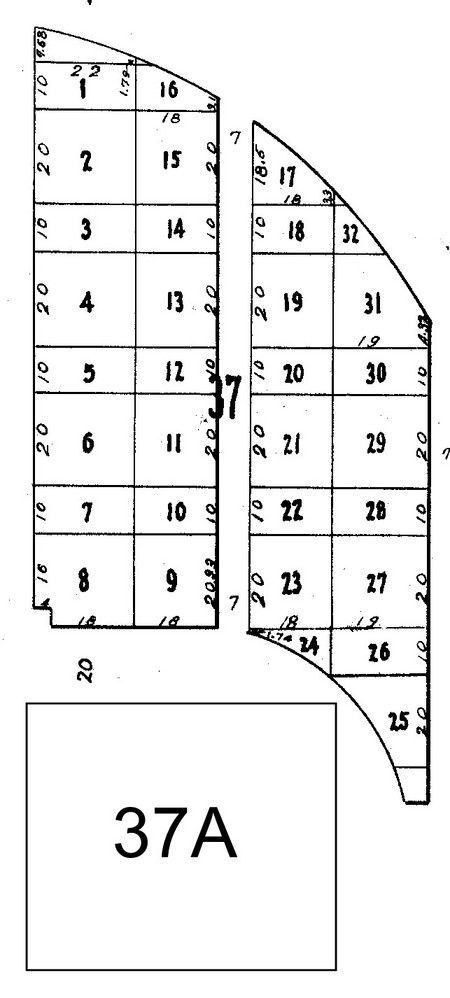 Diagram of lots 1-31 and lot 37A. The lots are rectangular and semi-circular.