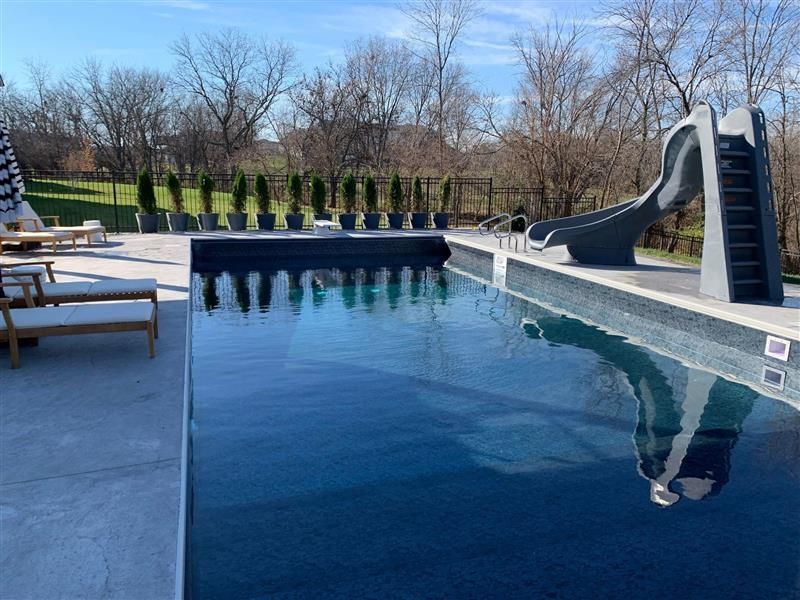 A backyard pool with a slide, surrounded by concrete and trees under a blue sky.