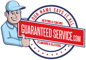 Cartoon handyman logo holding GUARANTEED SERVICE.com with heating, cooling, plumbing, and electric text