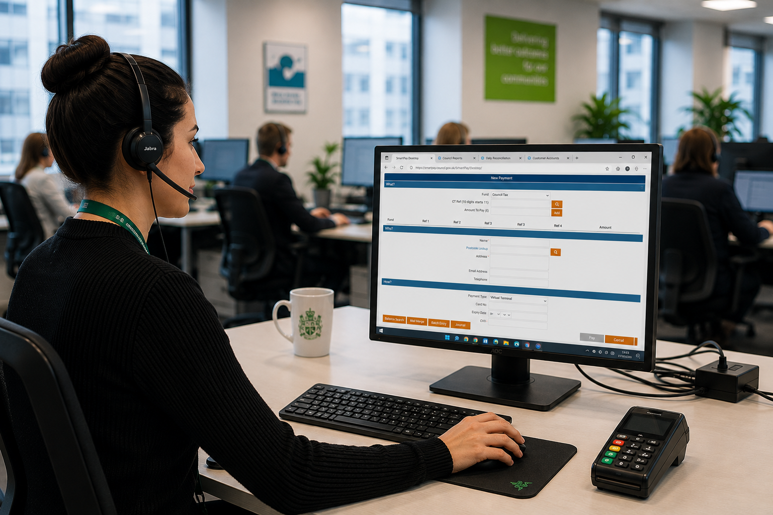 Call centre agent wearing headset working at a desktop computer in an office
