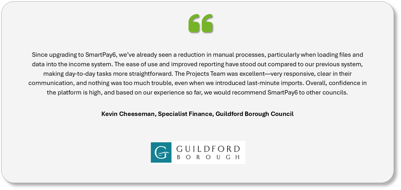 Testimonial from Guildford Borough Council, in white card with green quote marks and logo.