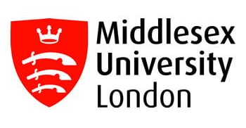 Middlesex University London logo: red shield with white curved lines, a crown, and text.