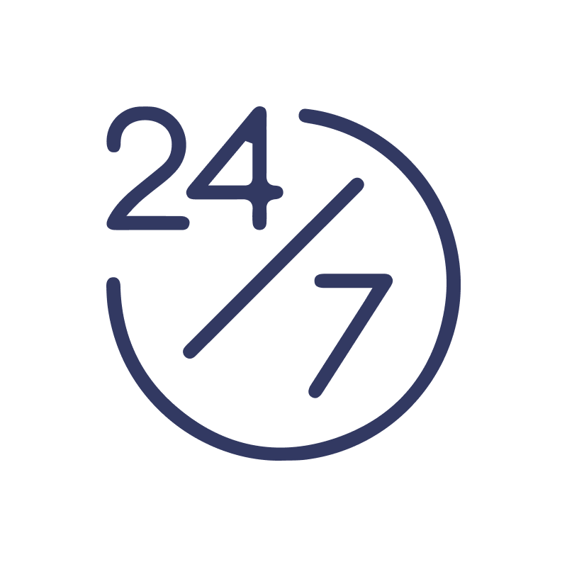A clock with the number 24 and 7 inside of a circle.