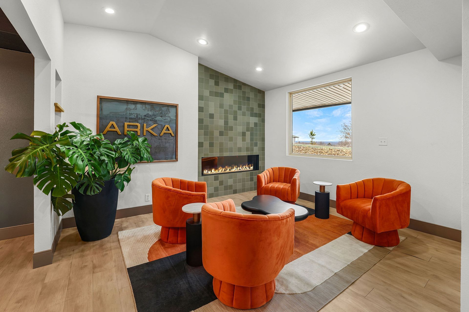 Lounge area in the lobby next to the fire place.