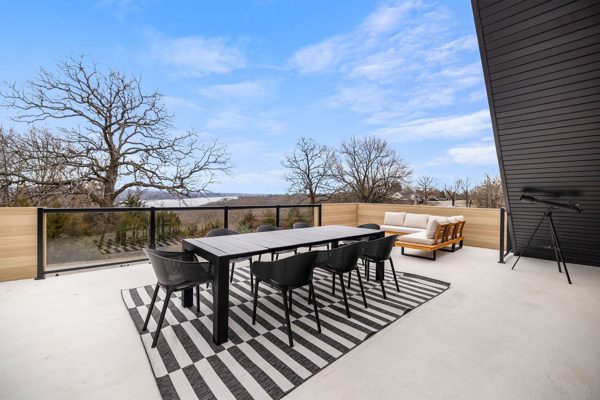 Dining table that seats 8 and patio furniture to enjoy the evening sunset or morning coffee.