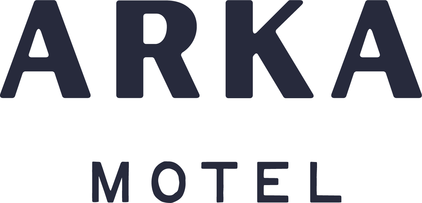 The logo for the arka motel is a white background with the letters arka motel.