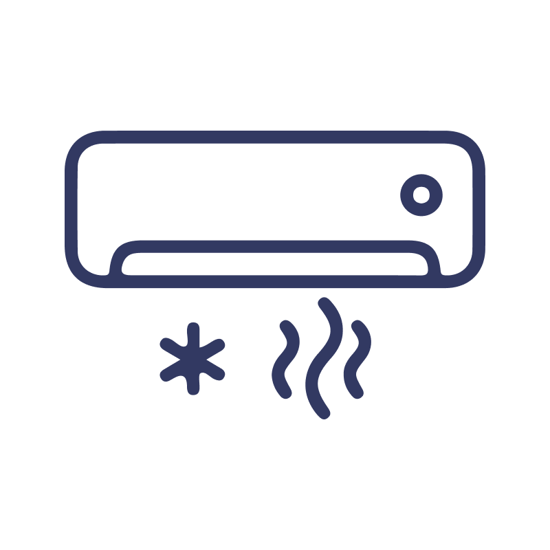 A line drawing of an air conditioner with smoke coming out of it.